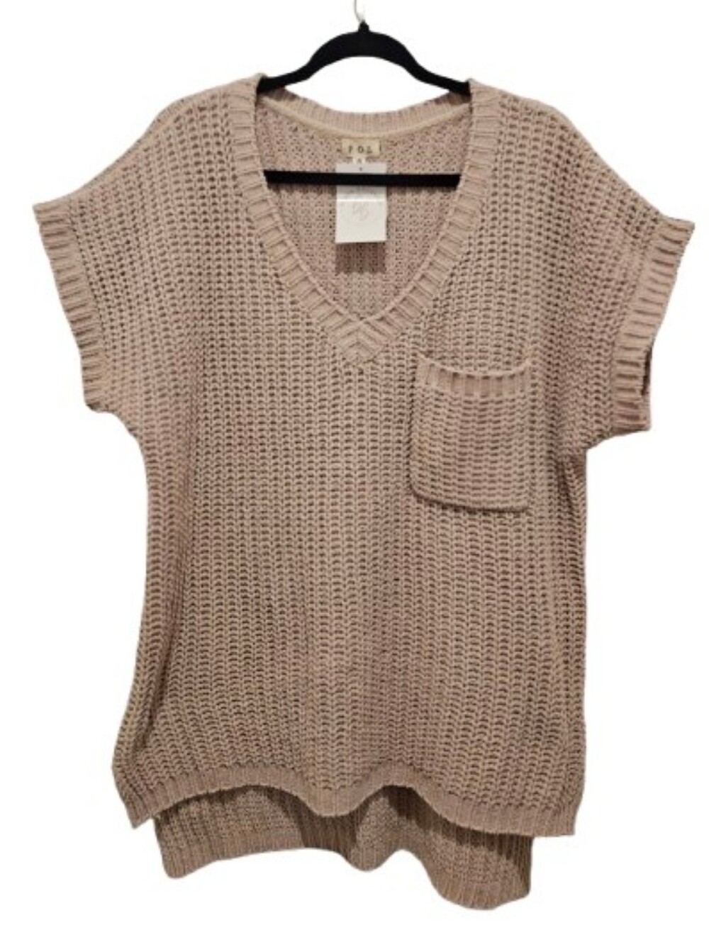 POL Oversized Chunky Cable Knit Short Sleeve V-Neck Tunic Sweater Taupe Small